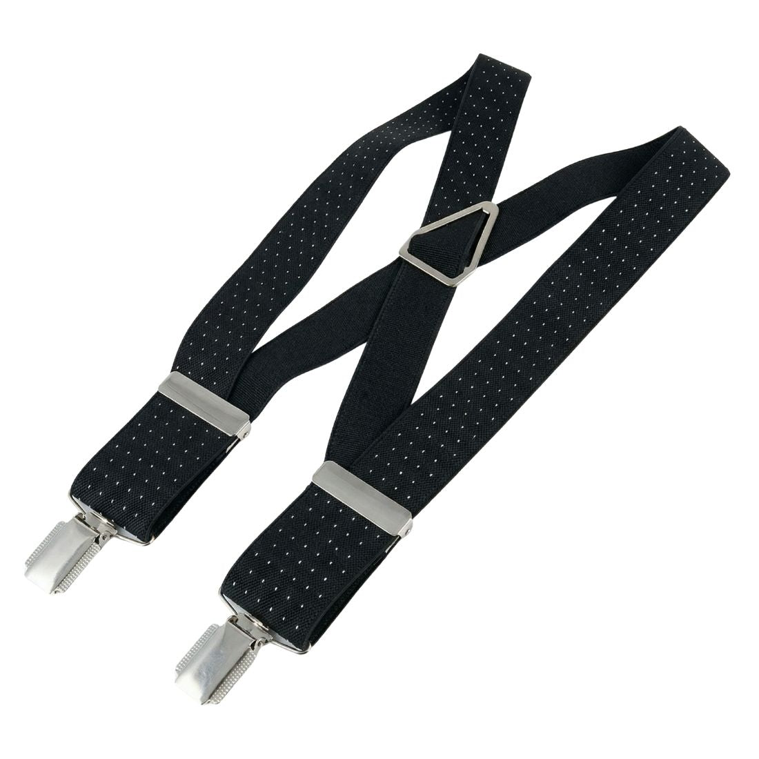 Black suspenders with silver clips on a white background