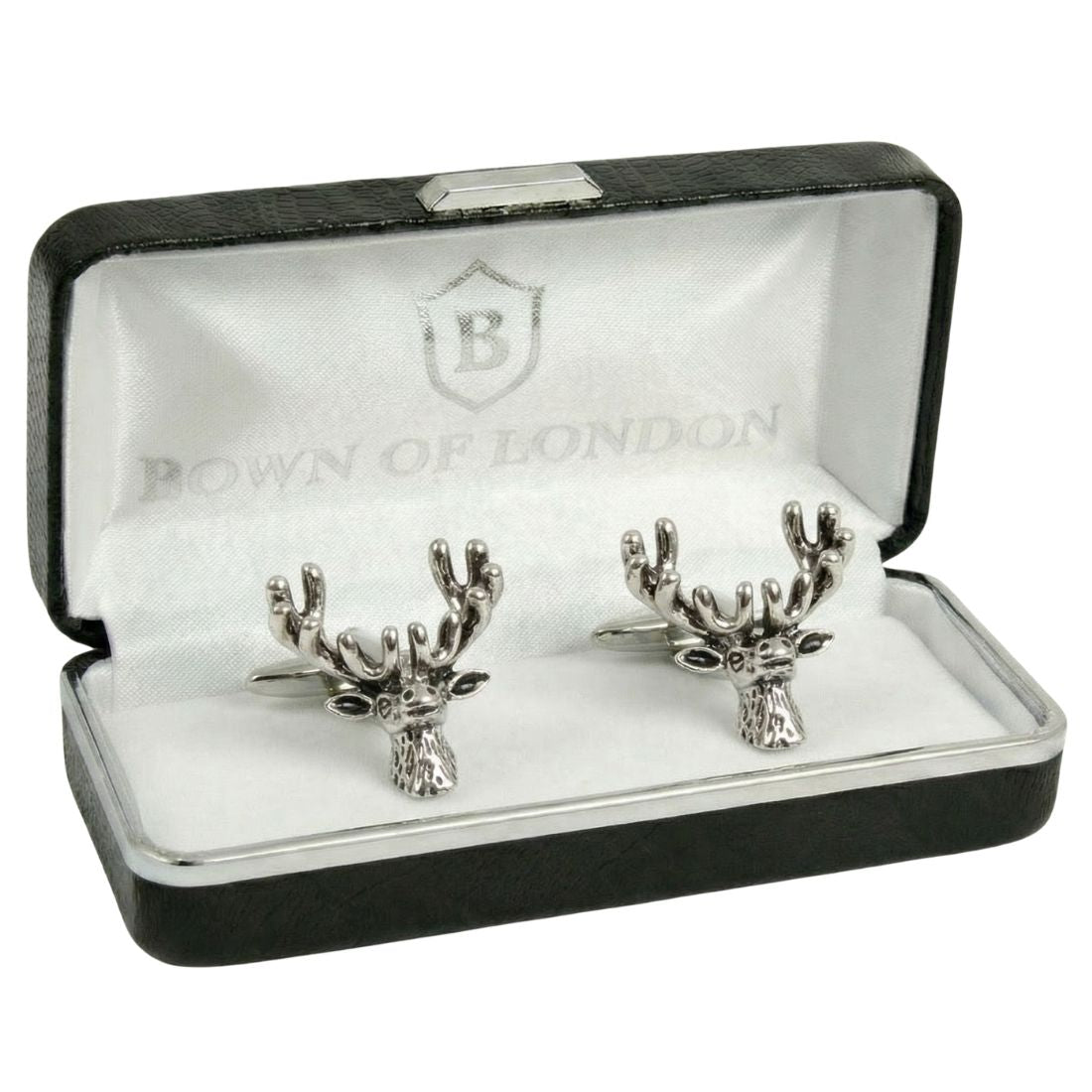 Silver stag head cufflinks in a 'Bown of London' box