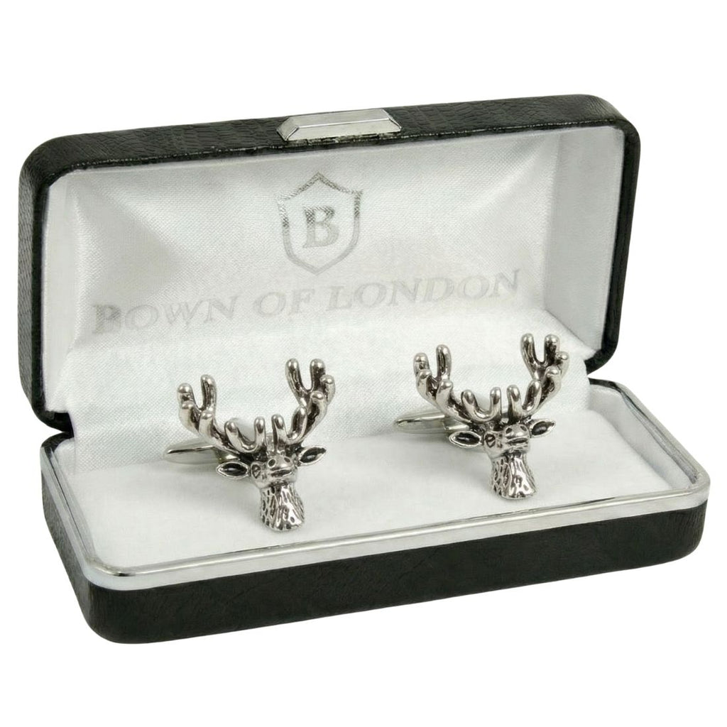 Silver stag head cufflinks in a 'Bown of London' box