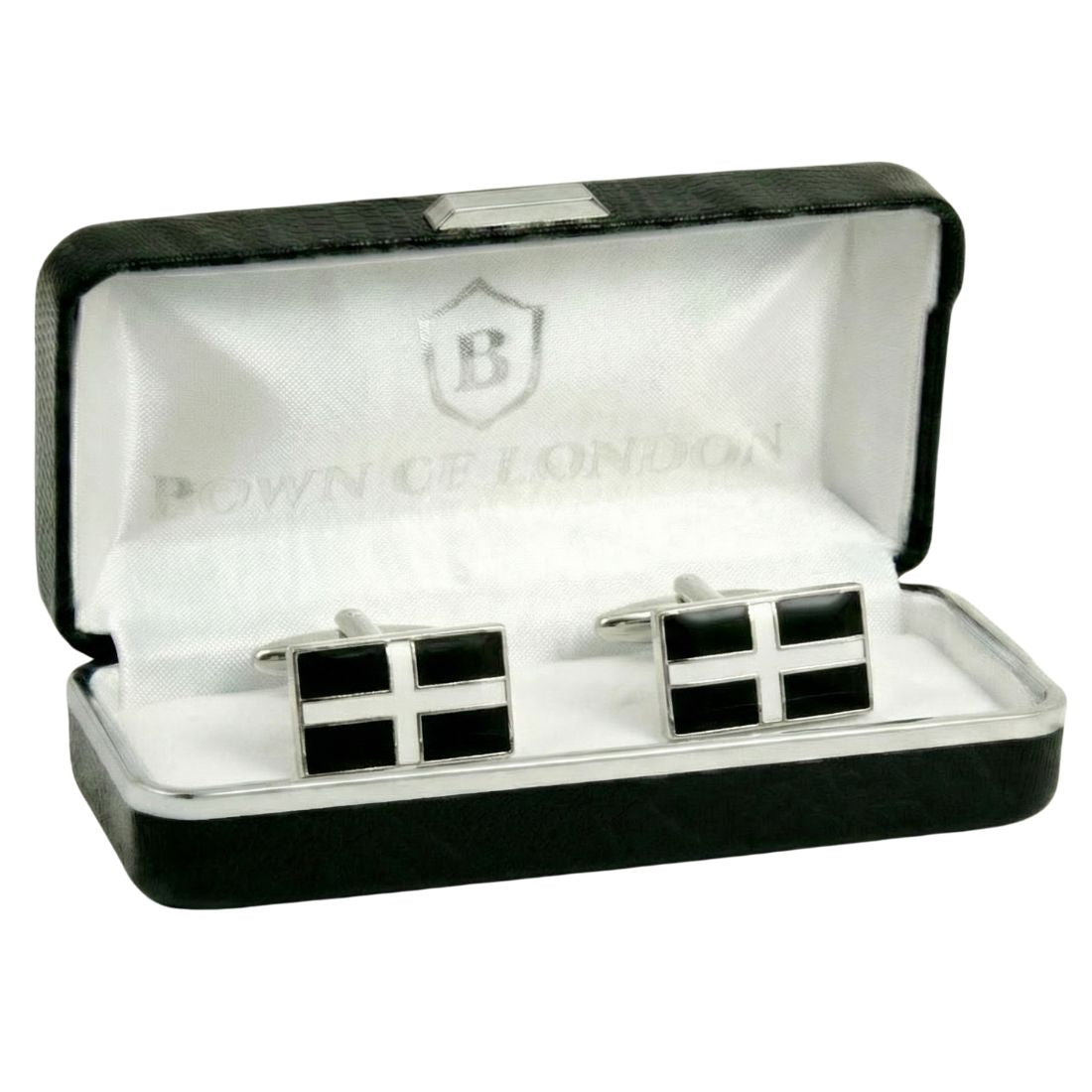 Black and silver cufflinks in a branded box on a white background. Bown of London