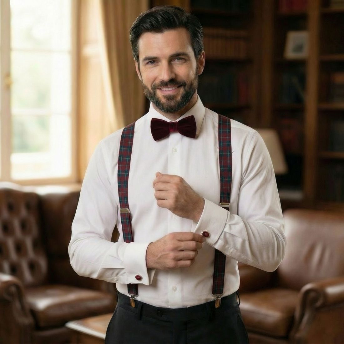 Man wearing a white shirt with suspenders and a bow tie in a room with brown leather furniture.