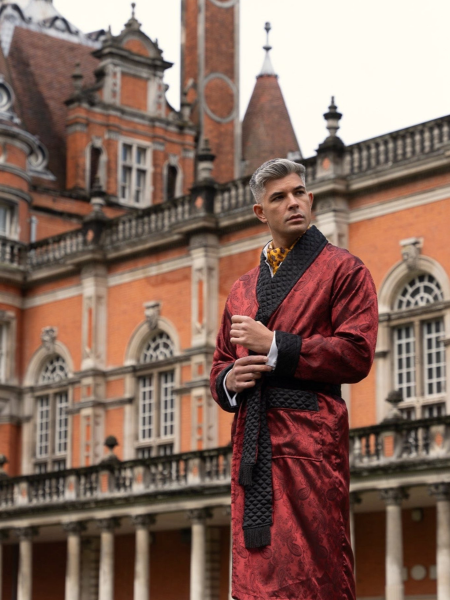 Gable Mens Long Smoking Jacket - Claret