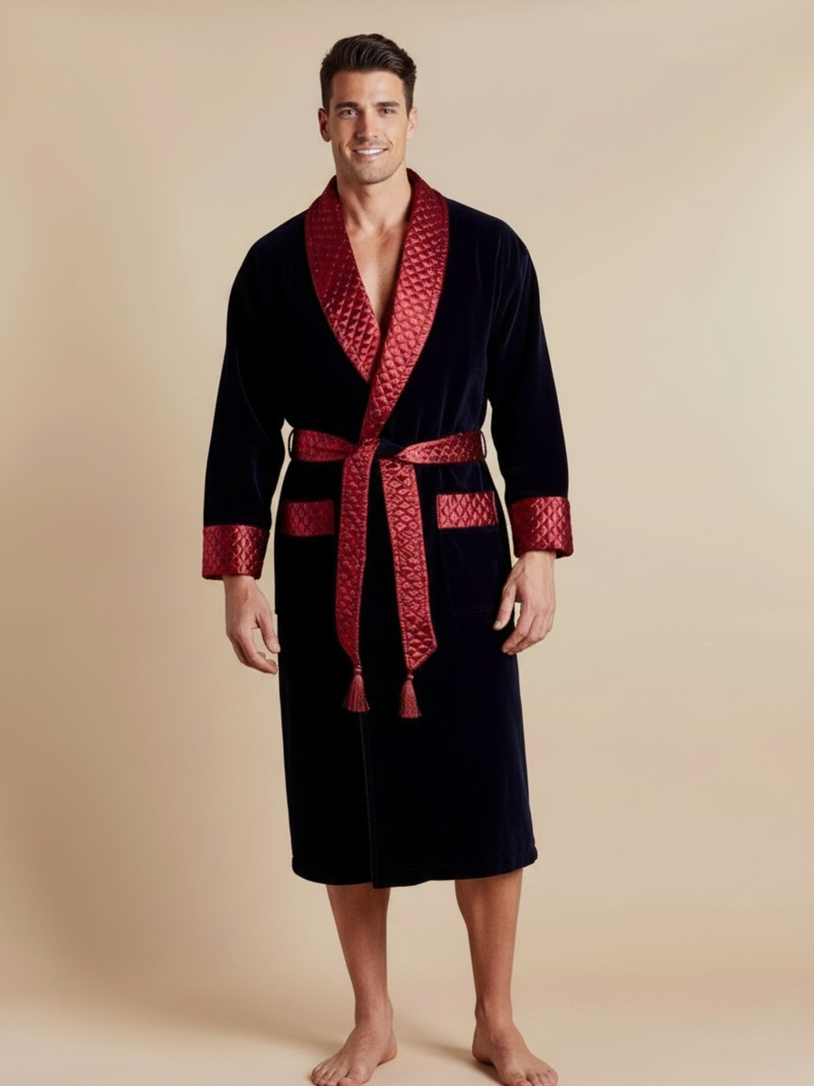 Mayfair Long Velvet Navy Smoking Jacket Robe