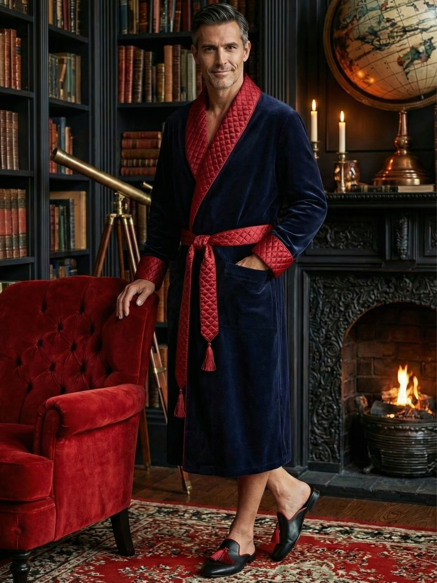 Mayfair Long Velvet Navy Smoking Jacket Robe