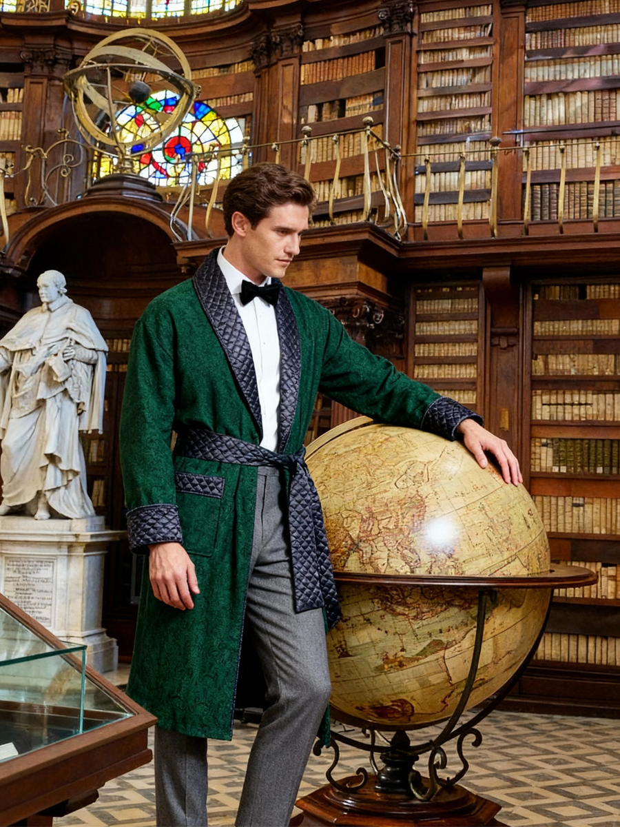 Connaught Long Smoking Jacket Robe in Green