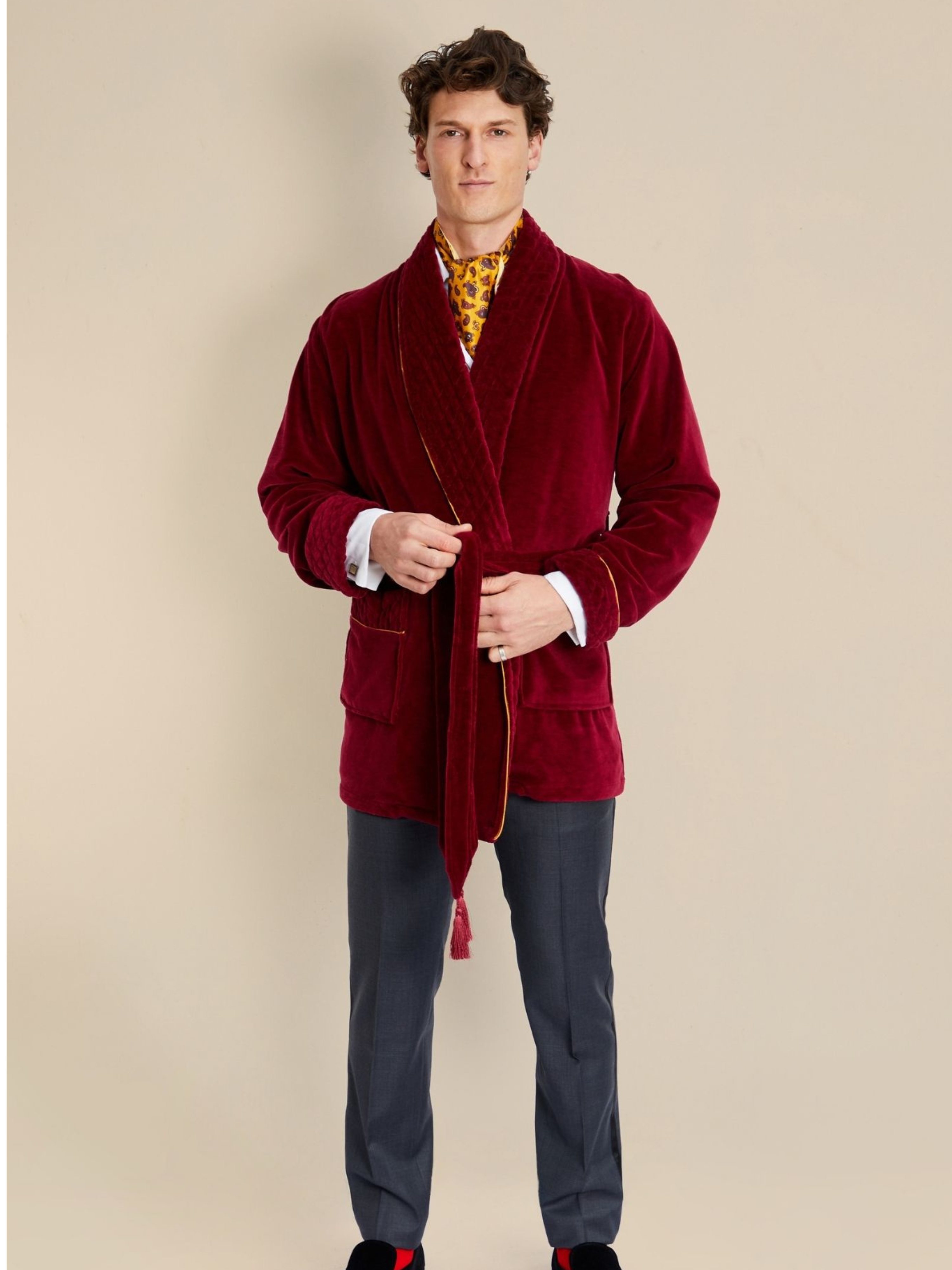 Howard Cotton Short Velvet Smoking Jacket in Burgundy