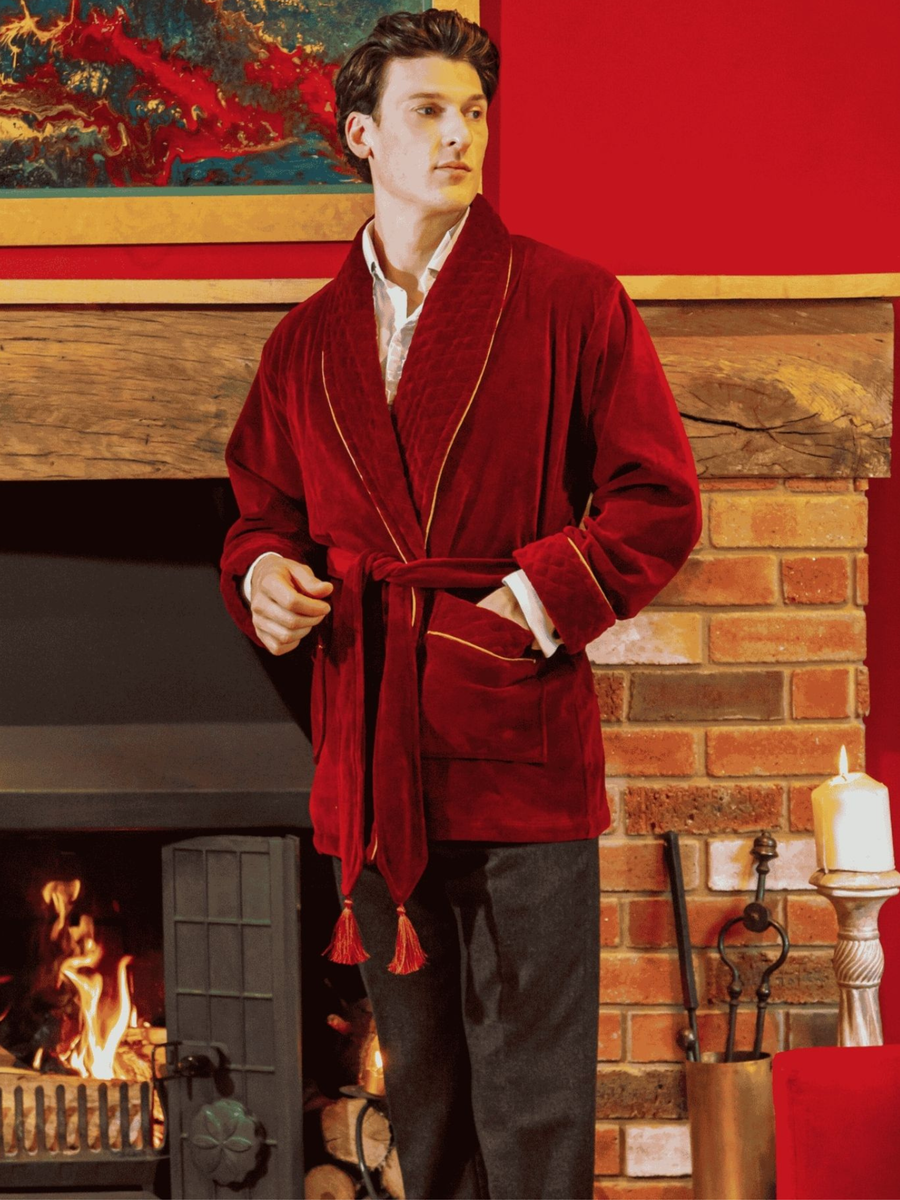 Howard Cotton Short Velvet Smoking Jacket in Burgundy