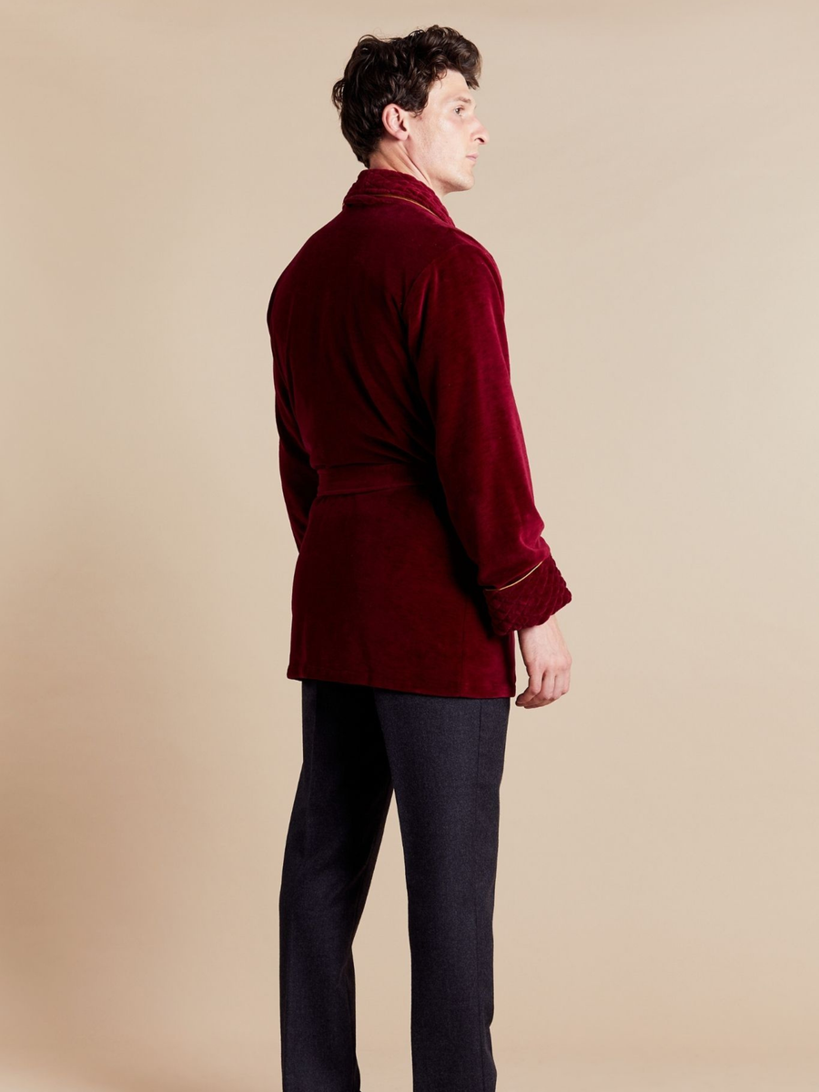 Howard Cotton Short Velvet Smoking Jacket in Burgundy