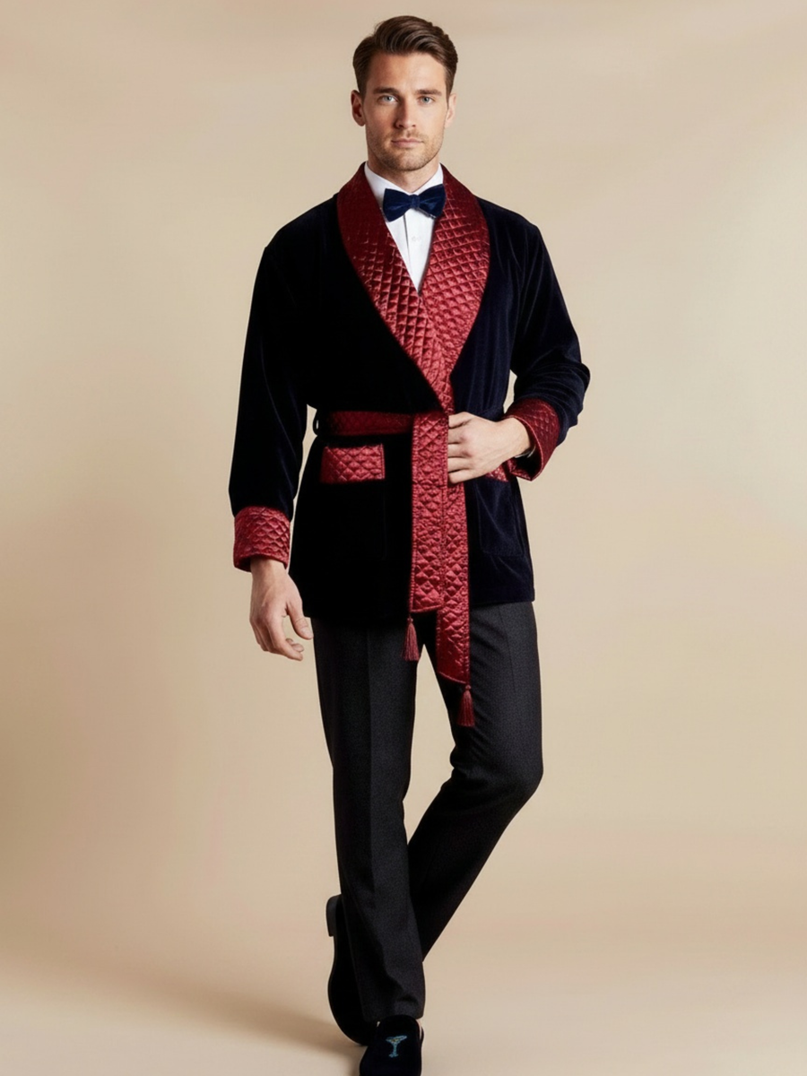 Cliveden Short Velvet Navy Smoking Jacket Robe