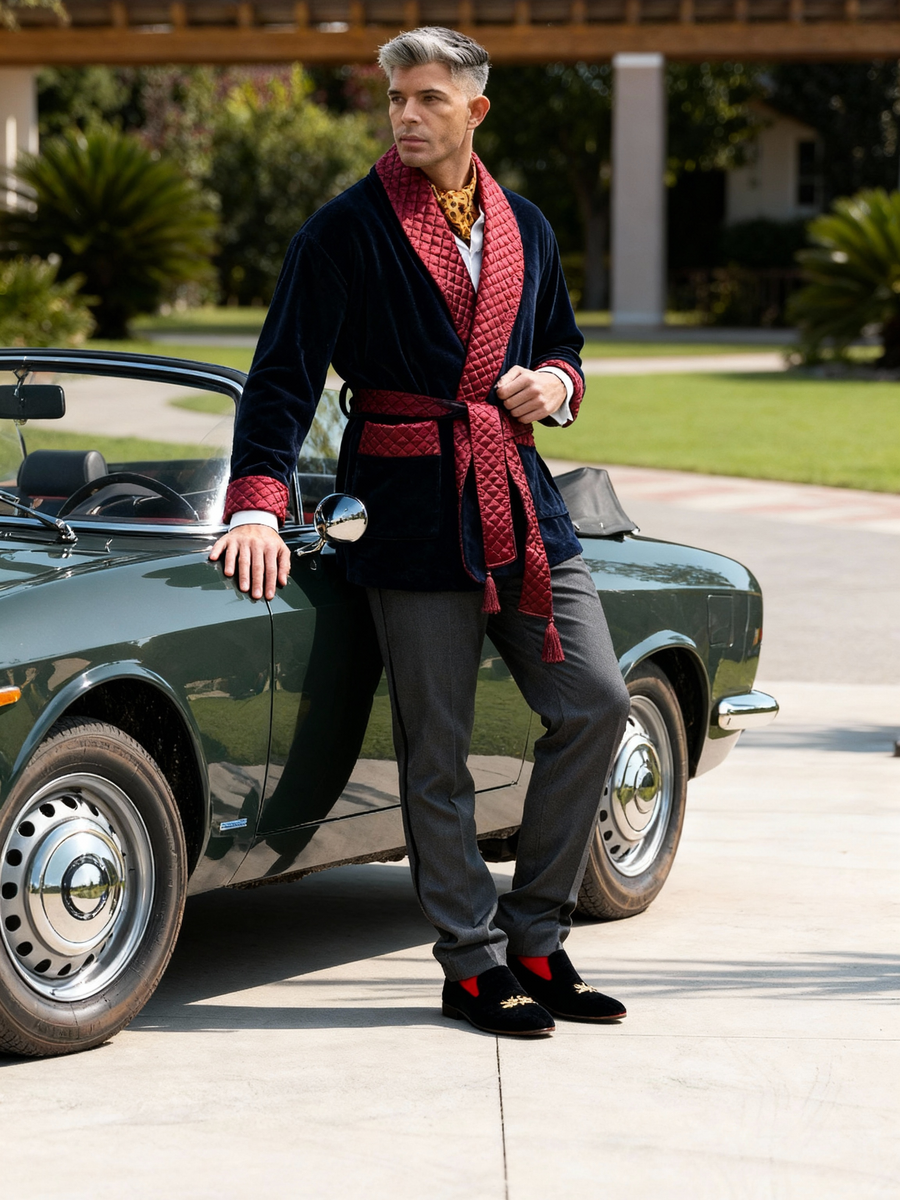 Cliveden Short Velvet Navy Smoking Jacket Robe