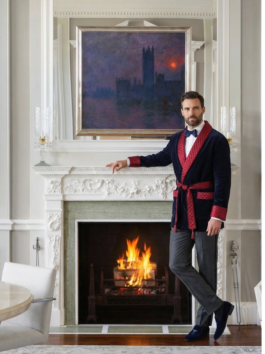 Cliveden Short Velvet Navy Smoking Jacket Robe