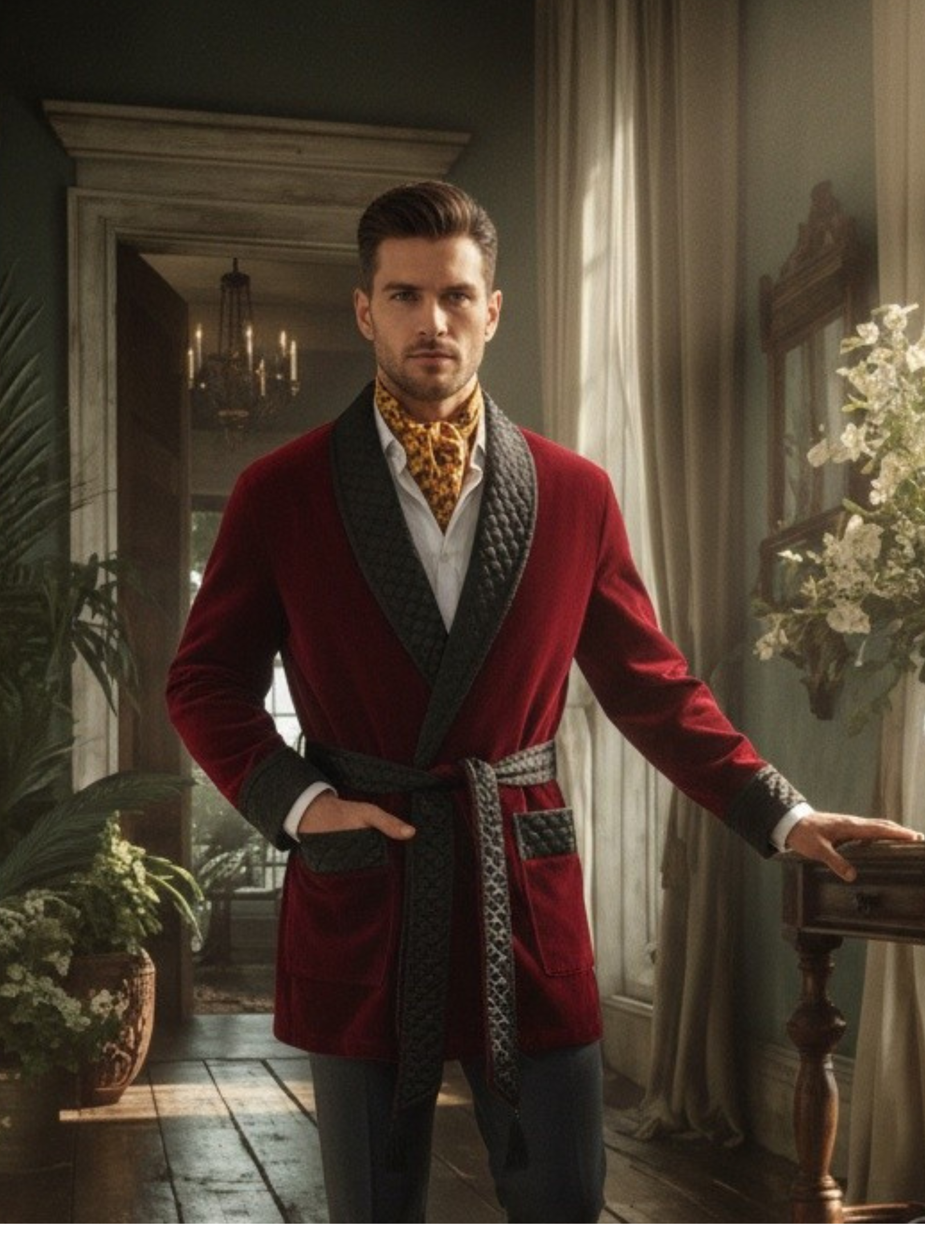 Belgravia Short Velvet Smoking Jacket in Burgundy