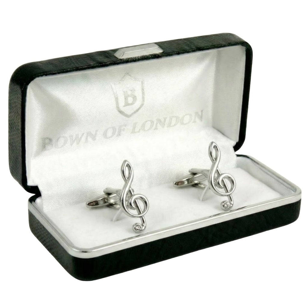 Silver treble clef cufflinks in a 'Bowen of London' box. Bown of London.