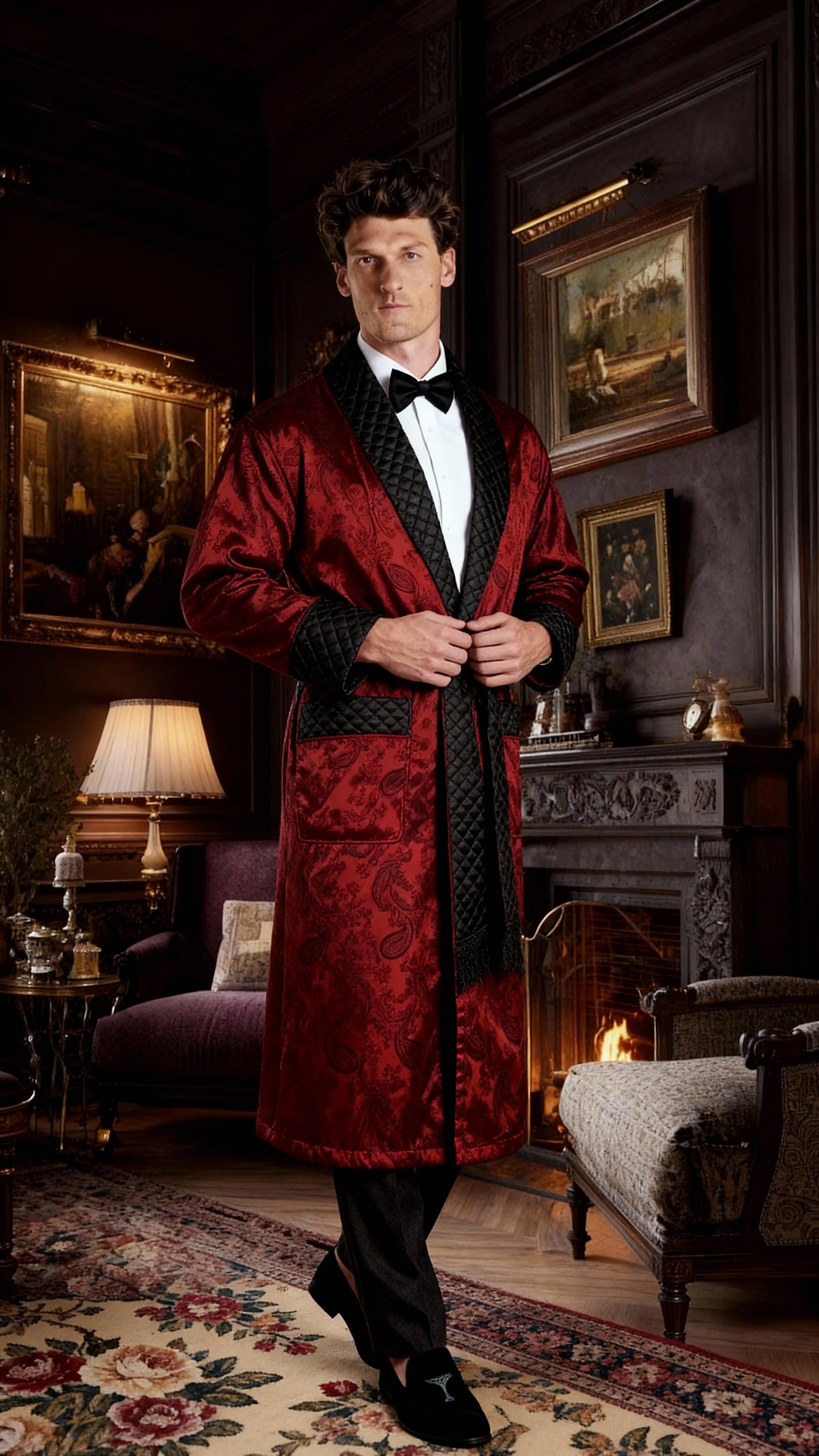 Gable Mens Long Smoking Jacket - Claret