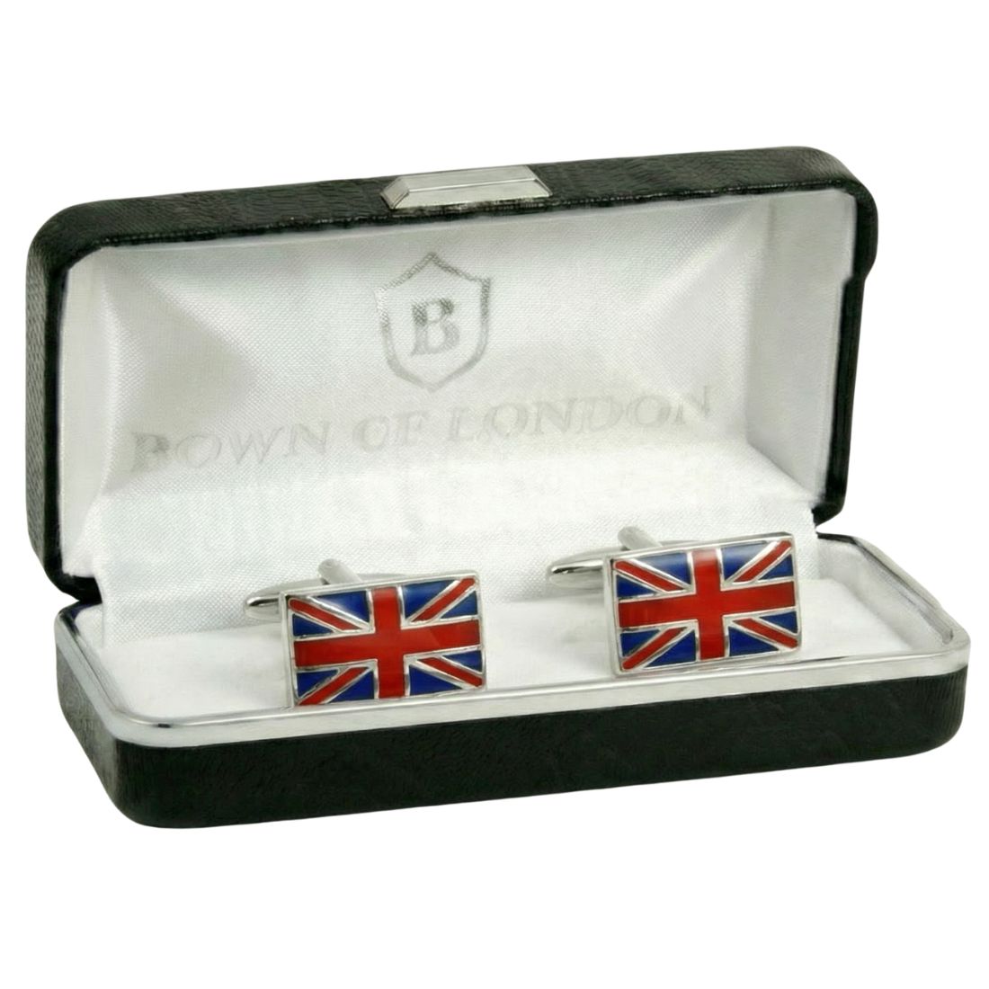 Union Jack cufflinks in a display case with 'Bown of London' branding.