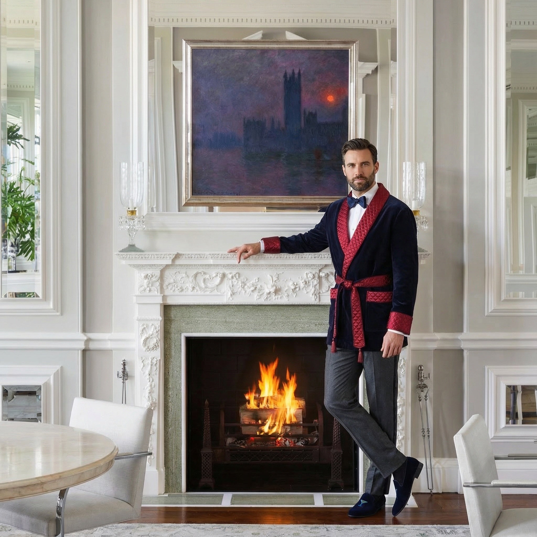 Cliveden Short Velvet Navy Smoking Jacket Robe