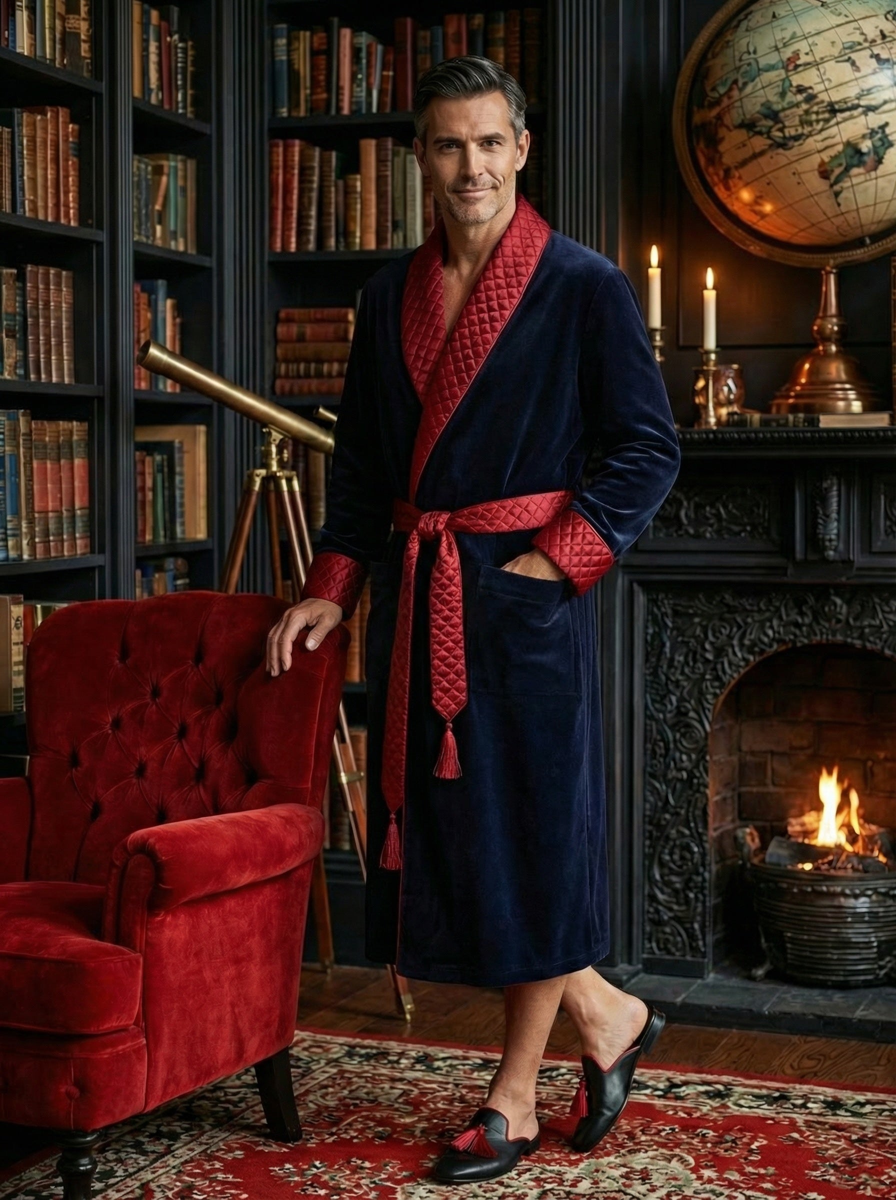 Mayfair Long Velvet Navy Smoking Jacket Robe