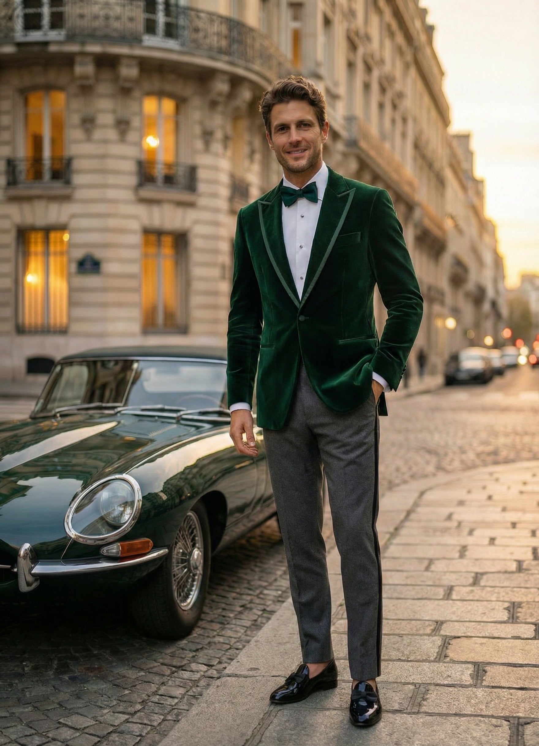 Man in a green velvet jacket standing next to a vintage car on a city street.