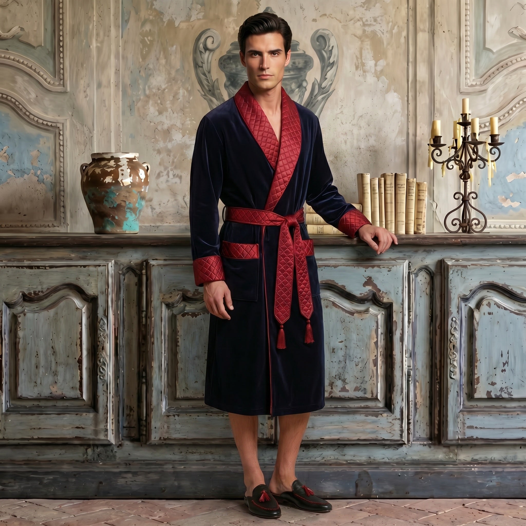 Mayfair Long Velvet Navy Smoking Jacket Robe