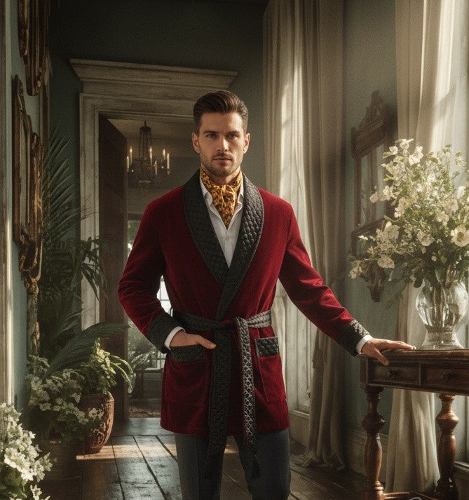 Belgravia Short Velvet Smoking Jacket in Burgundy