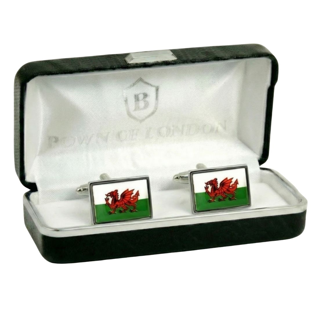 Cufflinks with Welsh flag design in a branded box. Bown of London