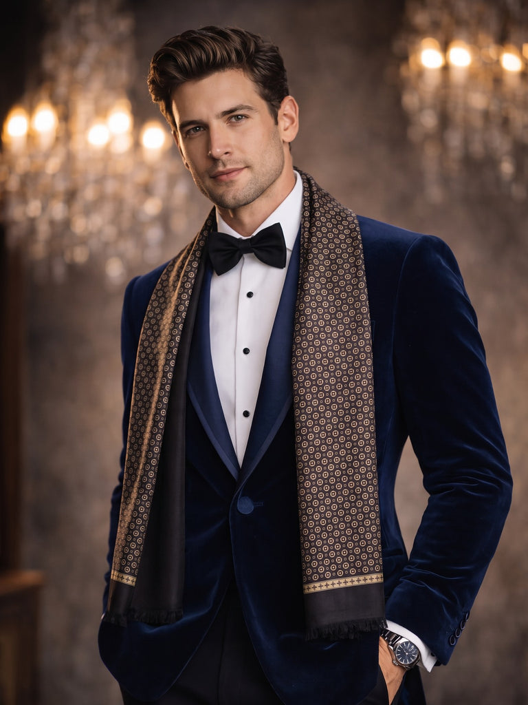 Westminster black and gold silk scarf worn with a velvet dinner jacket and bow tie