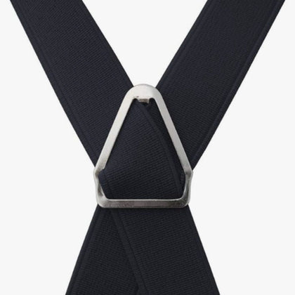 Black suspenders with a silver clip on a white background