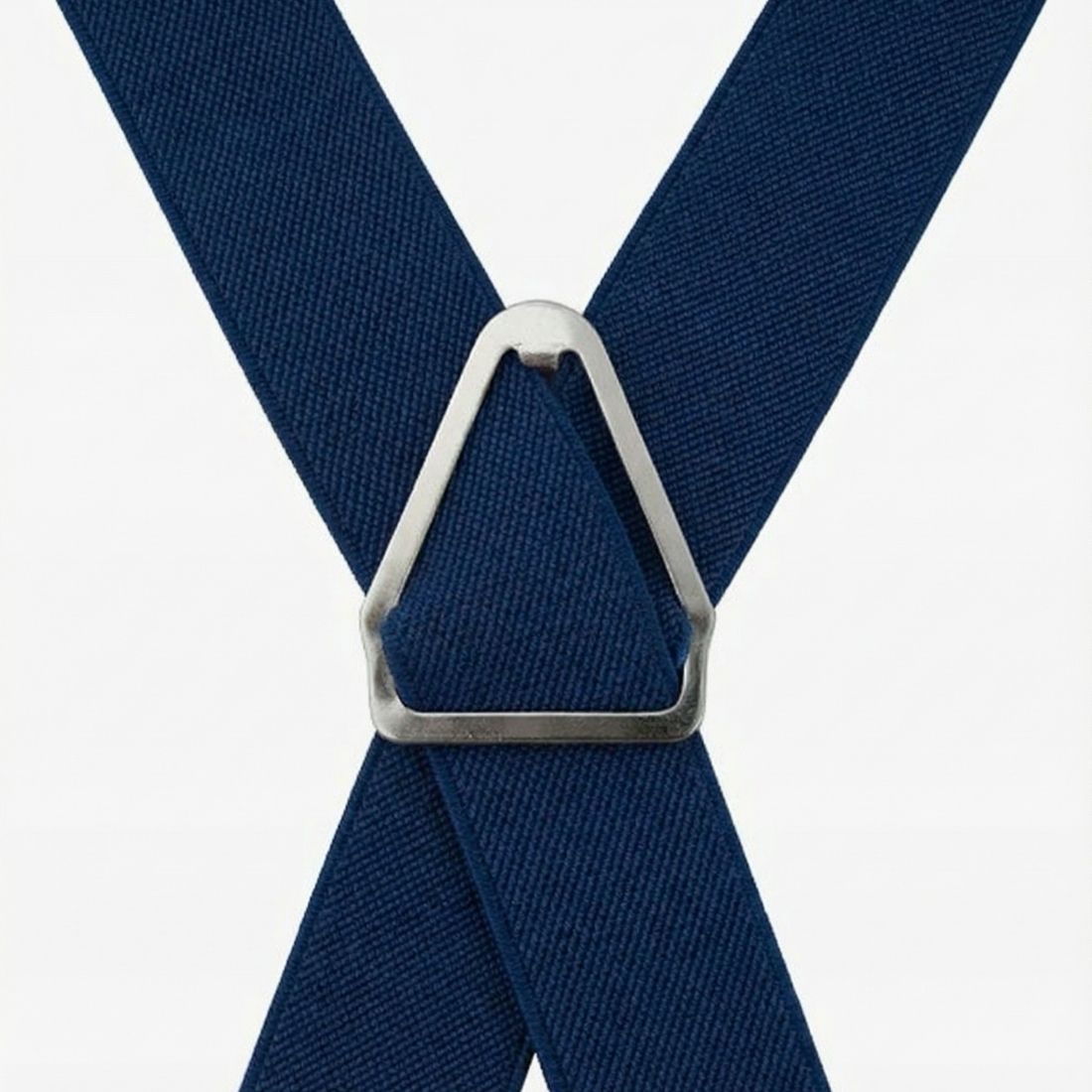 Navy blue suspenders with a silver clip on a white background