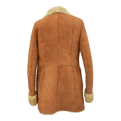 Brown suede coat with fur trim on a white background