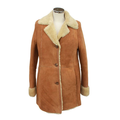 Brown suede coat with beige fur trim on a mannequin against a white background