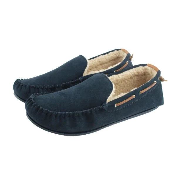 Owen Mens Fleece Lined Moccasin Hard Sole - Navy Product Image